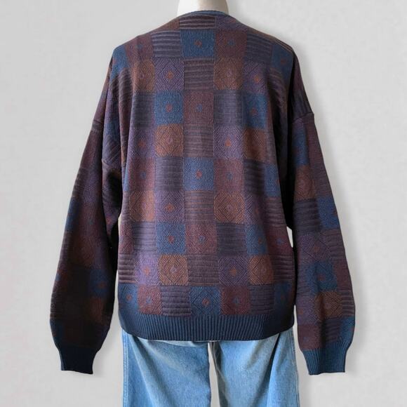 Wool Blend 90s Dark Academia Grandpa Sweater Artsy Geometric Jacquard Knit XL - Picture 9 of 10
